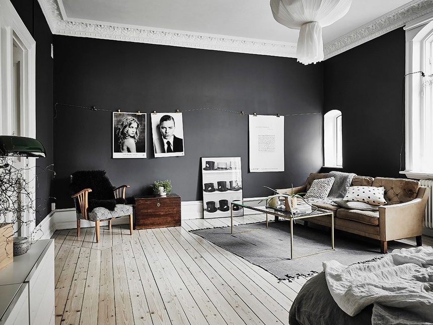 Skandynawski apartament z ciemnymi ścianami