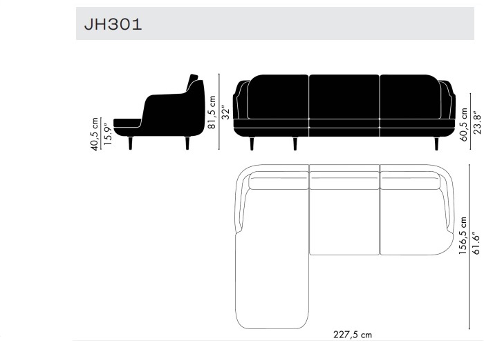 Lune JH301 Sofa 3seater with left chaise longue Fritz Hansen szezlong lewy