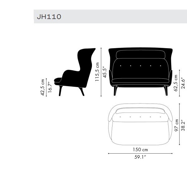 Sofa designerska Ro 2-seater JH110 nogi z aluminium Fritz Hansen