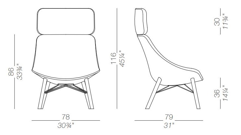 Bardzo wygodny fotel Auki lounge chair 4 wooden legs with headrest Lapalma wymiary