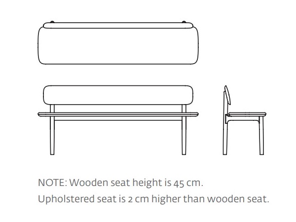 Designerska ławka Neva bench with wooden backrest Artisan dostępna jest w różnych wielkościach